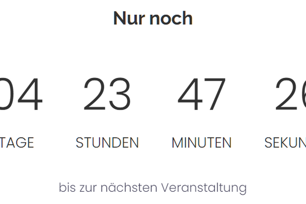 Screenshot mit Angabe von Tagen, Stunden, Minuten und Sekunden bis zur nächsten Veranstaltung
