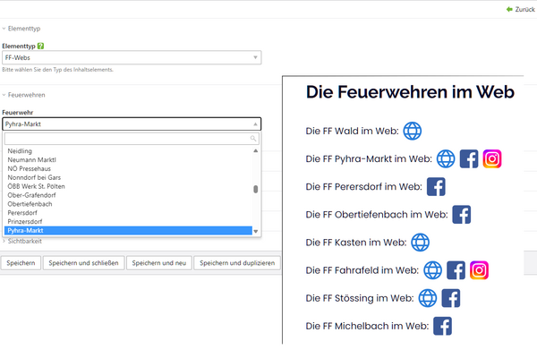 Die Backendansicht des Inhaltselements FF Webs wird teilweise von der Frontendansicht überlappt