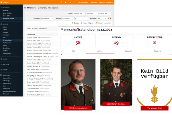 Die Backendansicht der Mitgliederliste wird teilweise von der Frontendansicht überlappt